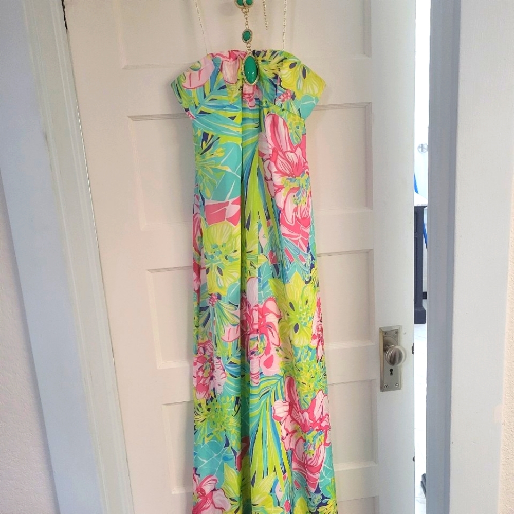 Lilly Pulitzer Flowy Floral Strapless Bandeau Maxi, Green & Gold Halter Neck, 2